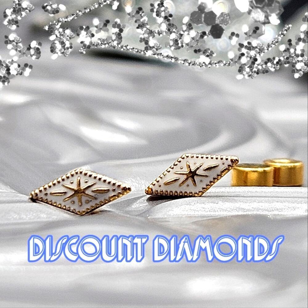 Dainty White 18K Yellow Gold Vintage Diamond Shaped Screw Back Earrings